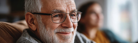 An elderly man sits comfortably in a chair, smiling contently while sharing a thoughtful moment with a young woman in a cozy indoor atmosphere. Warm lighting enhances their connection.の素材