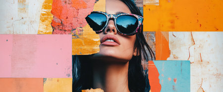 A woman wears trendy sunglasses, gazing upward with confidence against a background of colorful abstract shapes. The atmosphere is lively and artistic, showcasing her fashion sense.の素材