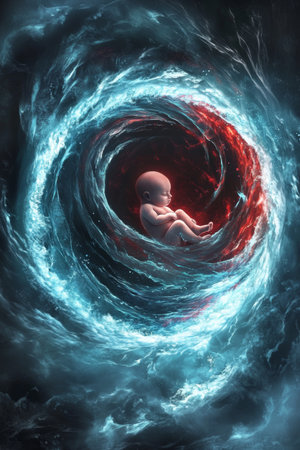 A small, tranquil baby floats in a vivid cosmic swirl, surrounded by swirling colors of red and blue, symbolizing the wonder of creation and the essence of existence.の素材