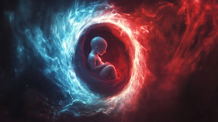 A child sits peacefully within a swirling vortex of red and blue light, symbolizing the balance between opposing forces. The warm glow surrounds the figure in serene contemplation.の素材