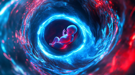 A baby floats peacefully in a vibrant, swirling cosmic environment filled with blue and red hues.の素材