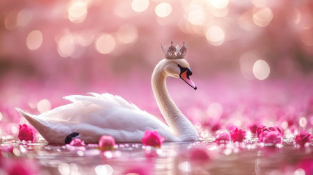 A regal swan with a delicate crown glides through a serene lake filled with vibrant pink rose petals, creating a peaceful and enchanting atmosphere during the day.の素材