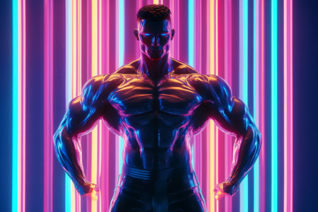 A muscular figure stands confidently with arms flexed amidst colorful neon lights in a dimly lit setting, capturing the energy and intensity of fitness and artistry.の素材