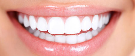 A person smiles widely, showing their bright white teeth. The healthy appearance highlights the importance of dental hygiene and personal care, promoting confidence and happiness.の素材