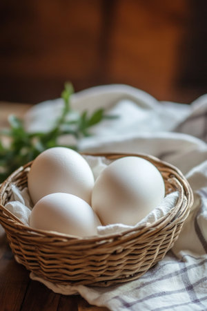 Three white rest eggs in a woven basket on a rustic wooden table. Soft fabric surrounds the eggs, adding warmth to the display in a cozy setting.の素材