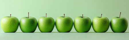 A line of bright green apples stands in a row against a soft light green background, each apple glistening with fresh droplets of water, emphasizing their freshness.の素材