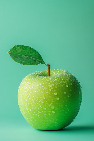 A vibrant green apple with a single leaf sits against a turquoise background. Water droplets cover its surface, creating a fresh and inviting appearance.の素材