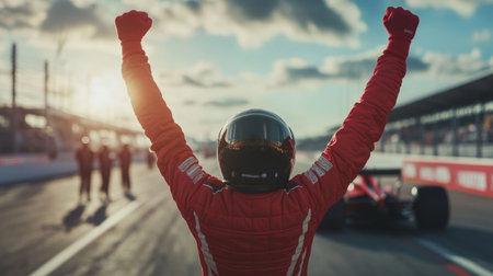 A driver in red racing attire raises their arms in celebration after a race, basking in the glow of a sunset at the racetrack. Fellow team members cheer in the background.の素材