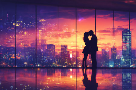 A couple embraces in a passionate kiss against a vibrant sunset, with a stunning city skyline visible through large windows, reflecting colorful hues and romance.の素材