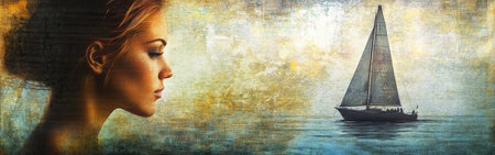 A woman with an introspective expression looks toward a sailboat gliding across calm waters. The warm colors of sunset create a peaceful ambiance around her.の素材