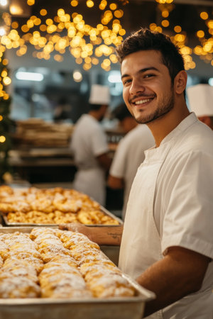 A young man smiles as he prepares trays of freshly baked pastries in a lively bakery. The warm glow of lights enhances the cheerful ambiance, showcasing a culinary delight.の素材