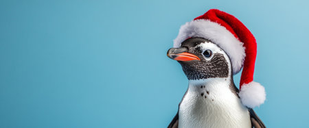 A penguin sits proudly in front of a light blue background, adorned with a bright red Santa hat, ready to celebrate the festive holiday season.の素材