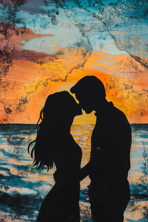 A couple shares a tender moment as they face each other, framed by a stunning sunset reflecting on the ocean. The warm colors create a romantic atmosphere.の素材