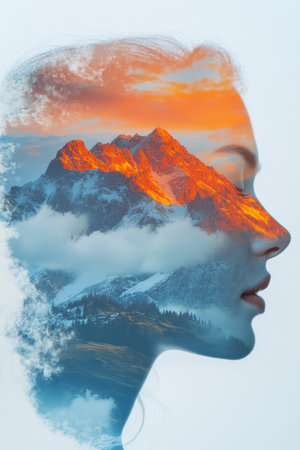 A serene and artistic depiction showcases a woman's profile layered with majestic mountain peaks at sunset.の素材