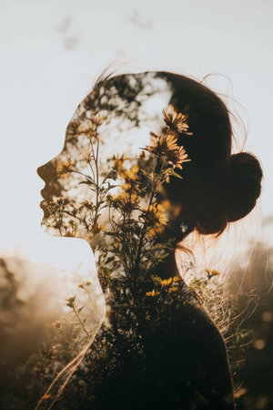 A woman profile merges with blooming flowers against a warm sunset. The scene captures a moment of beauty and tranquility in nature, highlighting the connection between humanity and the environment.の素材