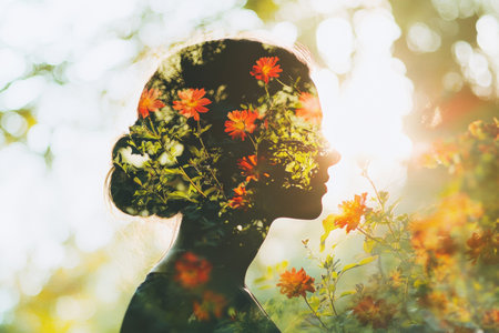 A woman stands against the warm glow of sunset, her silhouette intertwined with vibrant flowers. The natural light enhances the beauty of the scene, creating a tranquil atmosphere.の素材