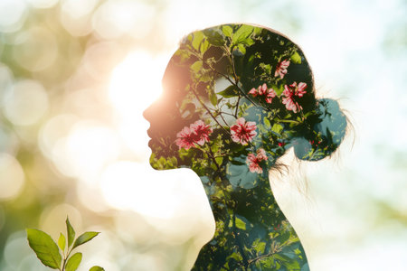 A silhouette of a woman surrounded by vibrant flowers and leaves captures the harmony between nature and humanity during the tranquil golden hour light.の素材