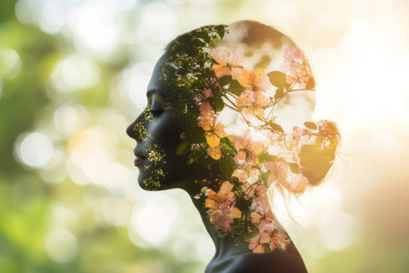 A woman's side profile is beautifully blended with blooming flowers and lush greenery, creating a dreamlike effect in soft, warm light of evening.の素材