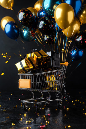 A shopping cart is filled with beautifully wrapped black and gold gifts. Colorful balloons float in the background, creating a festive atmosphere for a special occasion.の素材