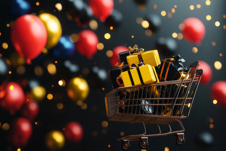 A shopping cart brimming with vibrant wrapped gifts sits against a backdrop of floating balloons and shimmering lights, creating a celebratory atmosphere.の素材