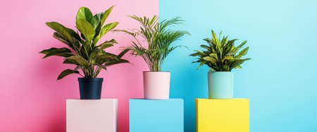 Three potted plants in contrasting pots are positioned on pedestals, showing vibrant greenery against pink and blue walls, creating a fresh and modern atmosphere.の素材