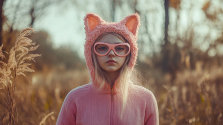 A young girl stands still in a tranquil outdoor setting. She wears a fluffy pink cat hoodie with ears and large glasses, surrounded by autumn foliage and tall grasses.の素材