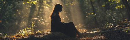 A woman sits on a rock in a forest, her silhouette framed by soft sunlight filtering through trees. The warm glow creates an ethereal atmosphere in the calm setting.の素材