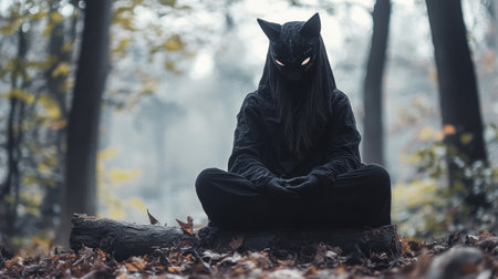 A figure dressed in black sits cross-legged on a log in a misty forest. The cat-like mask and the surrounding autumn leaves create an eerie atmosphere as twilight descends.の素材