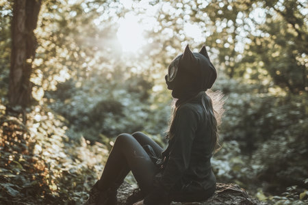A figure sits on a rock in a dense forest, wearing a dark outfit and a cat-like mask. Sunlight filters through the trees, creating an enchanting atmosphere during dusk.の素材