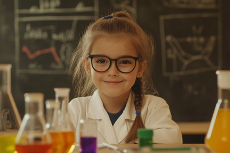 A child in a lab coat and glasses smiles confidently while seated at a table. Various colorful beakers and flasks are placed around her in a classroom rich with educational materials.の素材