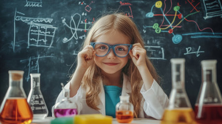 A cheerful girl wearing glasses smiles while conducting a science experiment at a desk. Surrounded by colorful beakers and detailed chalkboard notes, she radiates excitement for learning.の素材