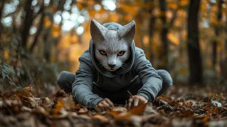 A figure wearing a realistic cat mask crawls through a carpet of fallen leaves in a vibrant autumn forest, surrounded by trees with colorful foliage.の素材