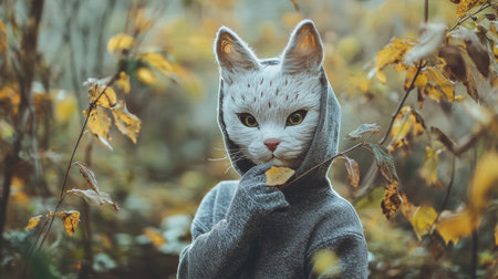 In a serene autumn forest, a whimsical cat-like character wearing a gray hoodie stands among colorful leaves. The scene captures a blend of fantasy and nature during a tranquil moment.の素材