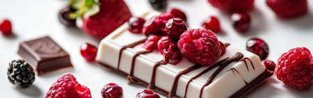 A beautifully presented white chocolate bar is adorned with an array of fresh raspberries, strawberries, and blackberries. The vibrant colors create an appealing visual feast.の素材