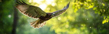 A hawk glides effortlessly above a vibrant green forest, illuminated by the soft light of the setting sun. Its wings are spread wide as it engages in flight.の素材