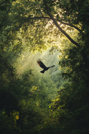 A bird spreads its wings and flies through a lush, green forest illuminated by soft morning sunlight. Sunbeams filter through the trees, creating a tranquil atmosphere.の素材