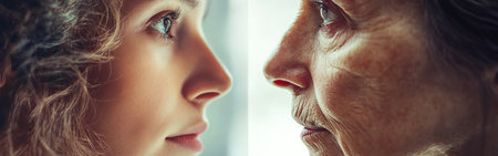 Two women face each other, showing the contrast between youth and age. The younger woman has curly hair and bright eyes, while the older woman's features display wisdom and experience.の素材