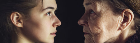 Two women face each other in close proximity, one a young girl with a curious expression and the other an elderly woman reflecting wisdom. Their gazes convey a deep connection and shared history.の素材