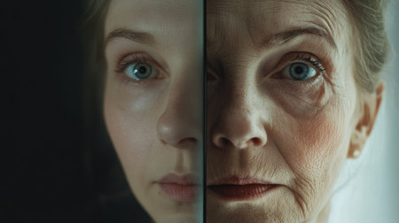 Two women face each other, capturing the contrast between youth and age. One displays smooth skin and bright eyes, while the other shows wisdom and experience through wrinkles and depth.の素材