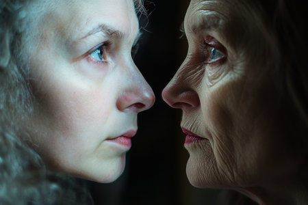 In a close-up shot, a younger woman and an older woman face each other, showing their unique features and expressions.の素材