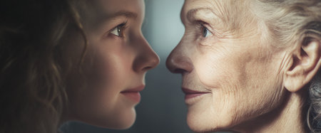 A young girl and an elderly woman face each other, showcasing a touching moment of generational connection. Their expressions reflect warmth, wisdom, and a bond that transcends time.の素材