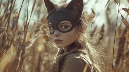 A child wears a cat mask and ears, gazing thoughtfully while surrounded by tall grass during the warm light of the evening. The scene evokes a sense of magic and adventure.の素材