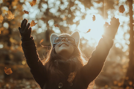 In a serene forest, a girl wearing a cat-ear hat joyfully tosses autumn leaves as sunlight filters through the trees, creating a warm, magical atmosphere.の素材
