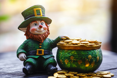 A cheerful leprechaun figurine with a green hat sits next to a decorative pot overflowing with glimmering gold coins, celebrating the charm and magic of festive traditions.の素材