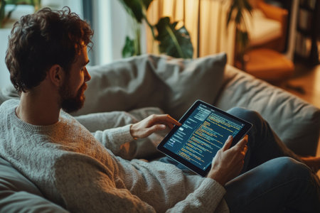 Individual engages in app testing using a tablet while seated on a cozy sofa. The environment exudes a relaxed atmosphere, enhanced by warm evening light filtering through windows.の素材