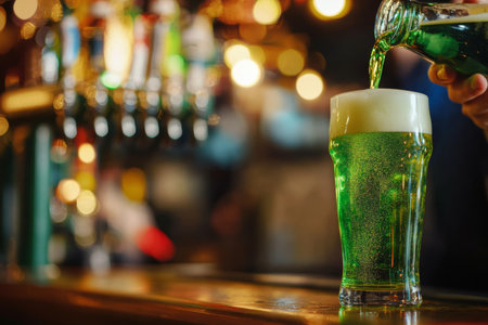A bartender expertly pours bright green beer into a tall glass, capturing the festive spirit of the bustling Irish pub on a lively night filled with laughter and celebration.の素材