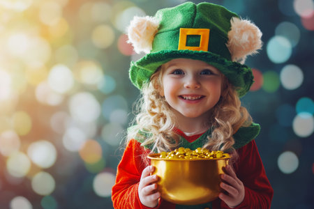 Brightly smiling child dressed in a leprechaun costume holds a shiny pot of gold, surrounded by a colorful, cheerful background that enhances the celebratory spirit of the moment.の素材