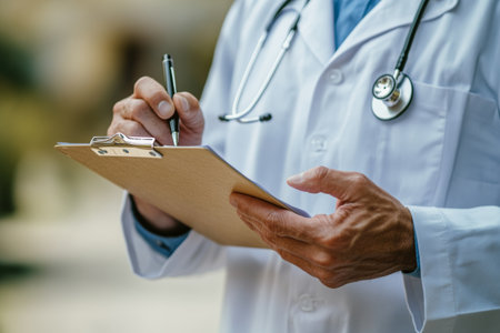 A doctor's hands expertly grip a clipboard filled with patient information, actively writing with a pen in a professional healthcare setting. The focus showcases meticulous attention to detail.の素材