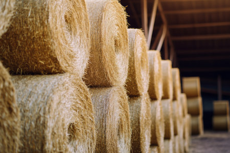 Close-up view of golden hay bales neatly stacked in a rustic barn. The warm textures create an inviting atmosphere typical of rural life and farming activities.の素材