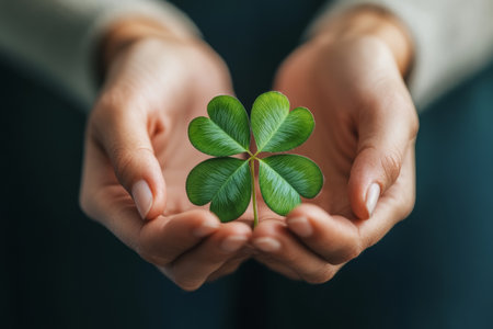 Two hands are carefully cradling a vibrant four-leaf clover, symbolizing luck and nature's beauty in an intimate display of appreciation and hope.の素材
